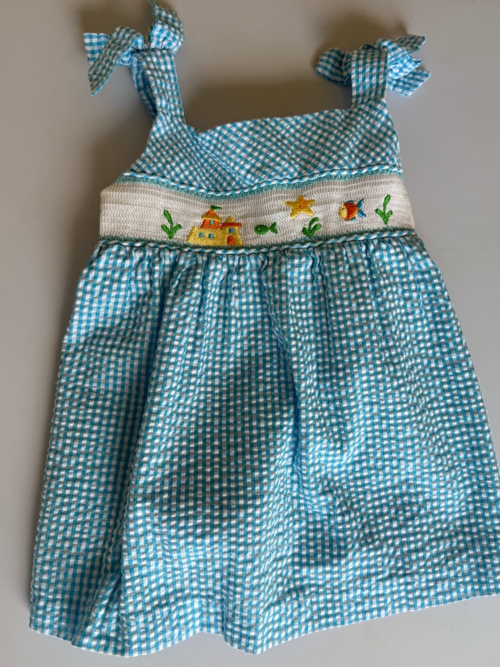 Blue Gingham Smocked Top with Beach Embroidery